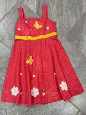 Blueberi Boulevard Pink Polka Dot Dress with Yellow Belt & Butterflies & Flowers